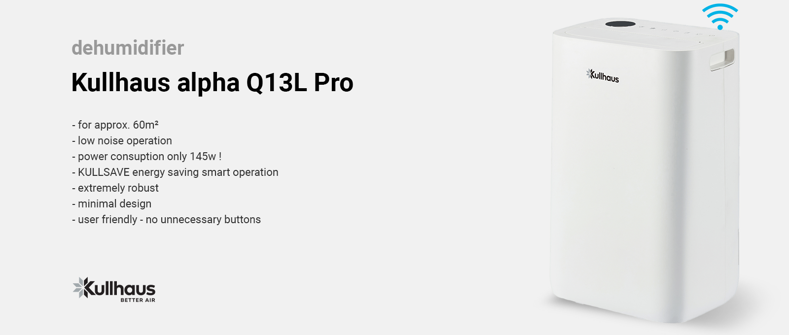 Kullhaus alpha Q13L Pro dehumidifier best dehumidifier for 60m² with electronic louver air diffusion and Wi-Fi connectivity.